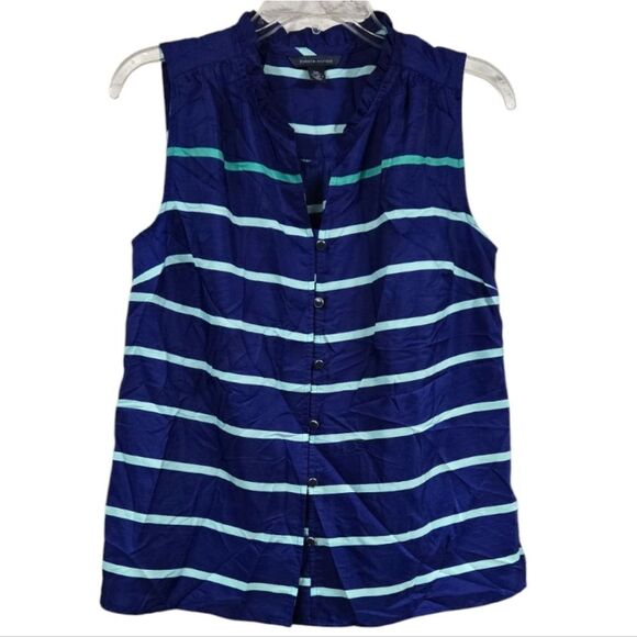 Tommy Hilfiger Royal Blue Striped Sleeveless Blouse Button Down Satin Sheen Top - Picture 3 of 9
